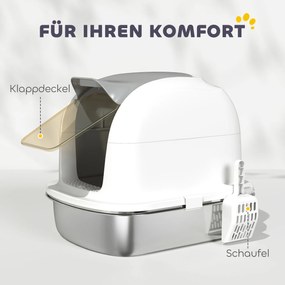 PawHut Kuweta ze stali nierdzewnej z pokrywą, toaleta dla kota z wanną, łopatka do żwirku, dla kota do 5 kg, 52,4 x 41,3 x 42 cm, Biały | Aosom PL