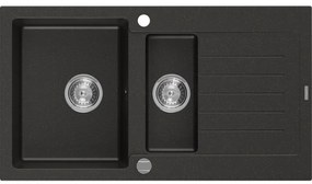 Mexen Matias zlewozmywak granitowy 1,5-komorowy z ociekaczem 900 x 505 mm, czarny/złoty metalik, syfon chrom - 6502901505-75