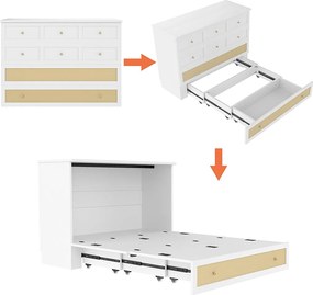 Łóżko Murphy'ego Mobilne - 140 x 200 cm - z 6 szufladami + półką w zagłówku + USB - MDF - białe