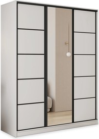 Szafa Przesuwna PINA 160 cm z Lustrem Szafa Trzydrzwiowa z Szufladami Biała / Czarne Profile
