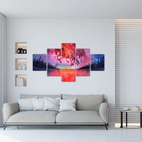 Obraz - Pojawienie się kosmicznych koni nad jeziorem, akwarela (125x70 cm)