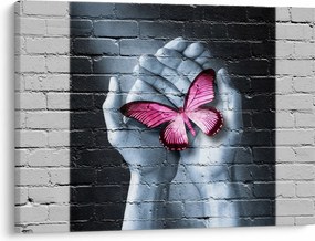 Obraz - Różowy motyl w ścianie (70x50 cm)