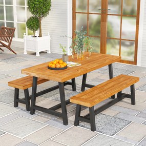 Outsunny 3-elementowy zestaw mebli jadalnianych z drewna dla 4 osób Stół i 2 ławki Teak