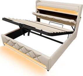 Łóżko z pojemnikiem 140x200 cm, beżowy len, łóżko podwójne z ładowaniem USB i oświetleniem LED, hydrauliczny schowek, bez materaca