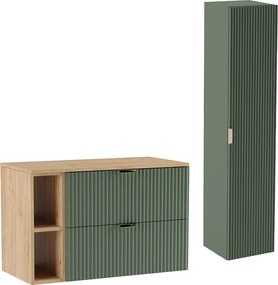 Zielony Zestaw Łazienkowy 100cm Szafka Blat Regał Orzech Słupek Ryflowane Fronty