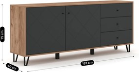 Komoda Dwudrzwiowa z Szufladami BACARDI 183 cm Dąb Craft Tobacco/Grafit Nowoczesna