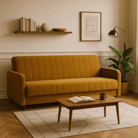 Sofa z Funkcją Spania PORTO Wersalka Rozkładana Dwuosobowa Musztardowa Nowoczesna do Salonu