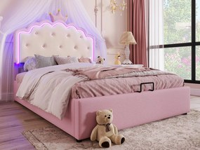 Łóżko tapicerowane 140x200 cm z ekoskóry - z LED i stelażem na listwach - Różowe