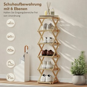 HOMCOM Regał na buty, składany stojak z 6 poziomami z bambusa, dla maks. 9 par butów, 30 x 29 x 108 cm, naturalny | Aosom PL