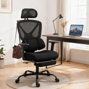 HOMCOM Ergonomiczne krzesło biurowe na kółkach, tkanina siatkowa, podparcie lędźwiowe, fotel komputerowy z podłokietnikami, regulowany zagłówek