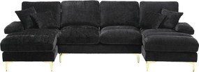 Sofa w kształcie litery U, czarny szenil, tapicerowana sofa z poduszkami i 2 poduszkami dekoracyjnymi, odpowiednia do salonu i sypialni