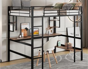 Łóżko piętrowe dla dzieci z biurkiem i półkami - 90 x 200 cm - MDF drewno i metal - czarne