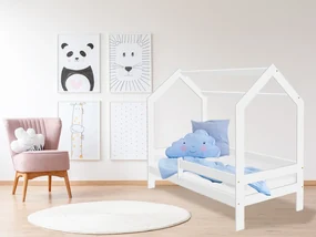 Łóżko dziecięce DOMEK D3, 80 x 160 cm, białe Stelaż: Ze stelażem listwowym elastycznym, Materac: Materac COCO 10 cm, Pojemnik pod łóżko: Z białym pojemnikiem pod łóżko