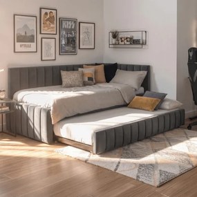 Łóżko Tapicerowane 120x200 cm VILLEMO Podwójne ze Stelażem Rozkładane Młodzieżowe Szare
