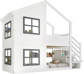 Łóżko piętrowe dziecięce 90x200 cm - z oknem - z drabiną z pojemnikami - lite drewno + MDF - biały + szary​ (bez materaca)