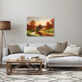 Obraz na szkle rzeki w jesiennym krajobrazie, obraz olejny (70x50 cm)