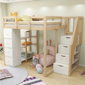 Łóżko piętrowe dla dzieci - 140 x 200 cm - z 4 szufladami + schodki do przechowywania - drewno - naturalne