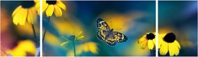 Obraz - Żółty motyl z kwiatami (170x50 cm)