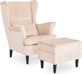Fotel Wypoczynkowy Uszak EVAN 2 z Podnóżkiem Beżowy Welurowy Nowoczesny