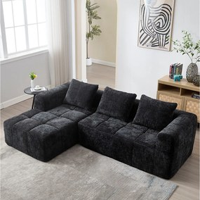 Sofa w kształcie litery L, czarna szenilowa, sofa trzyosobowa z podłokietnikami i poduszkami, odpowiednia do salonu i biura