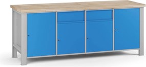 Stół warsztatowy G7, blat bukowy, 2100 x 685 x 840 mm, 4x szafka, 2x szuflada, niebieski