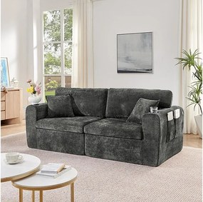 Modułowa 2-osobowa kanapa z tkaniny Chenille, z uchwytem na kubek i USB, 220x100x89cm, Czarny