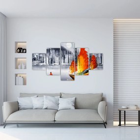 Obraz - Victoria Harbor, Hongkong, czarno-biały obraz olejny (125x70 cm)