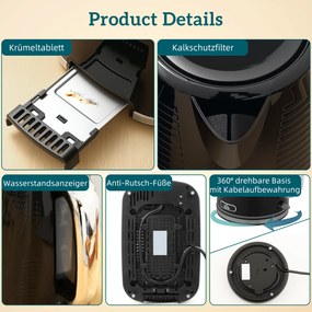 HOMCOM Zestaw czajnik i toster, 2200W, Otter-Thermostat, 2-szczelinowy toster, 7 poziomów przyrumienienia, szuflada na okruchy, czarny