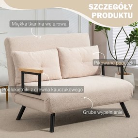 HOMCOM Sofa rozkładana 2-osobowa, sofa welurowa, funkcja spania, w zestawie 2 poduszki, wygląd weluru, Naturalny + Beżowy + Czarny | Aosom PL
