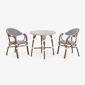 Zestaw Okrągłego Stołu Brielle Bistro O Średnicy 80 Cm I Dwa Sztaplowane Krzesła Z Podłokietnikami Z Aluminium. Niebieski Ken - Gardenia Biel - Sklum