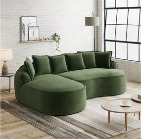 3-osobowa sofa narożna prawostronna z poduszkami oparciowymi i głębokim siedziskiem, z zielonej tkaniny szenilowej, 252 × 164 × 67 cm