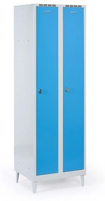 Metalowa szafka ubraniowa na nogach, 2-drzwiowa, 1920 x 600 x 500 mm, zamek obrotowy, drzwi niebieske