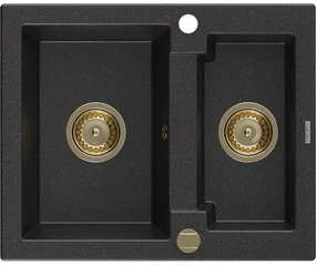 Mexen Carlos zlewozmywak granitowy 1,5-komorowy 582 x 475 mm, czarny/srebrny metalik, syfon złoty - 6518581500-73-G