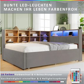 Sofa rozkładana tapicerowana - 140 x 200 cm + 90 x 190 cm - LED i gniazdka - ze schowkiem - Tkanina flanelowa - Jasnoszary