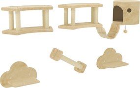 PawHut 5-częściowy zestaw wspinaczkowy dla kota z drapakiem, platformami do skoków, drabinką, domkiem, montowany na ścianie, Beżowy