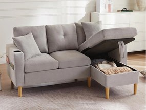 Nowoczesna sofa 3-osobowa w kształcie litery L - z 2 uchwytami na kubki - 2 poduszki - z przechowywaniem - jasnoszary