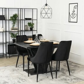 Zestaw Stół Prostokątny Rozkładany CLARK 120-160 cm Czarny Marmur i 4 Krzesła Tapicerowane CORK Czarne Welurowe Loft