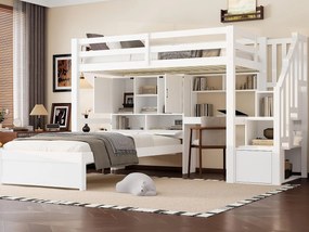 Łóżko piętrowe 90x200 cm - z wbudowanym biurkiem - Przegródki do przechowywania i półki - MDF - Biały (materac nie jest wliczony w cenę)