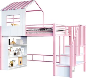 Łóżko na antresoli 90x200 cm - z barierkami bezpieczeństwa - z półkami do przechowywania - z drabiną bezpieczeństwa - Różowy​ (materac nie jest wliczony w cenę)
