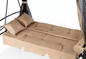 Huśtawka ogrodowa Bonzo 3-osobowa 2w1 rozkładana z moskitierą leżanka metalowa z daszkiem hydrofobowym 237 cm szara/beżowa