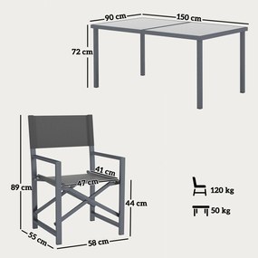 Zestaw mebli jadalnianych Outsunny 5-częściowy ze stali dla 4 osób, stół ze szklanym blatem i 4 składane krzesła, Szary