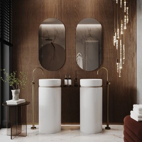 Dwie umywalki z konglomeratu wolnostojące okrągłe 85 x 40 cm RONA bez przelewu połączone półką szklaną | Różne kolory półki : Kolor szklanej półki - Grafitowy, Kolor umywalki RONA - Biały połysk, Podłączenie syfonu - Do ściany