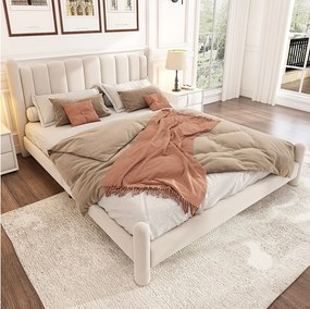 Łóżko tapicerowane 180 x 200 cm z wezgłowiem - łóżko dla dorosłych welurowe - wachlarz - beżowe