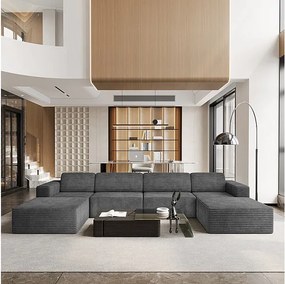 Duża Modułowa Sofa Narożna w Welurze Żebrowanym, 4-osobowa i 2 pufy, 404x202x82cm, Szary
