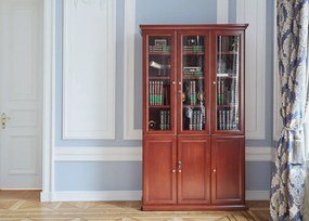 Klasyczna szafa do gabinetu, górne drzwi przeszklone, dolne pełne. Wymiary 120x40x220 cm. Szafa jest fornirowana drewnem, kolor koniak, fronty wykończone płyciną.