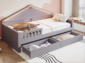 Łóżko dziecięce 90x200 cm - z oświetleniem LED - z 2 szufladami - stelaż lamelowy - szary​ (materac nie jest wliczony w cenę)