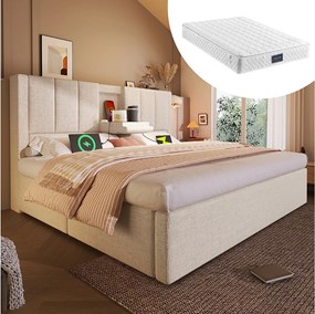 Łóżko tapicerowane dwuosobowe ze schowkiem - 140 x 200 cm - z ukrytym uchwytem na kubek i stacją ładującą - len - beżowe (z materacem)