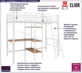 Białe metalowe łóżko z biurkiem i regałem 90x200 cm - Morgan