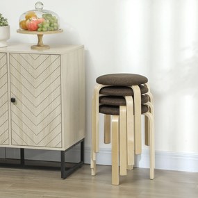 HOMCOM Tapicerowane taborety w zestawie 4, sztaplowane, lakierowane, drewniane nogi, brązowe | Aosom PL