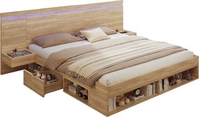 Podwójne łóżko drewniane 180x200cm - MDF - z szufladami i 2 stolikami nocnymi - Oświetlenie LED - Porty USB i Type-C - Naturalny​ (bez materaca)